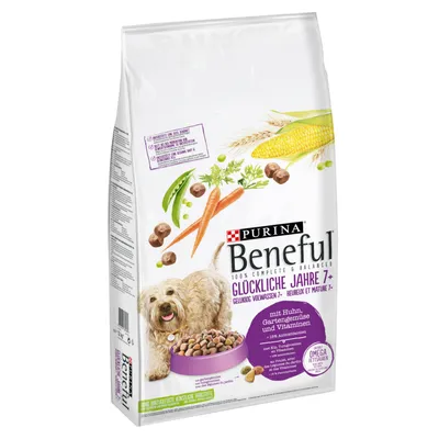 Purina Beneful Glückliche Jahre 7+ hondenvoer, zichtbaar: hond, voerbak, wortels, erwten, maïs, tekst: met Huhn, Gartengemüse und Vitaminen, 100% complete & balanced, omega vetzuren.