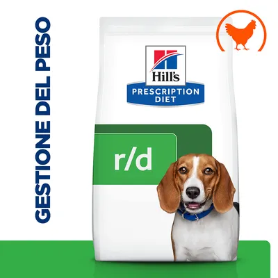 Hill's Prescription Diet r/d, gestione del peso, confezione con immagine di cane e simbolo pollo in alto a destra.