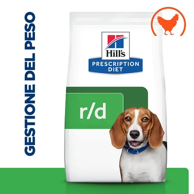 Confezione Hill's Prescription Diet r/d, scritta 'Gestione del peso' a sinistra, simbolo arancione di pollo in alto a destra.