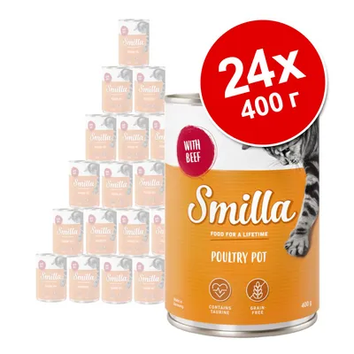 Smilla Poultry Pot консервирана храна за котки, с надпис 'WITH BEEF', 24 броя по 400 г. Видими икони: съдържа таурин, без зърнени храни.