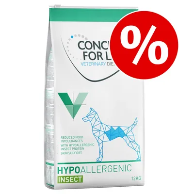 CONCEPT FOR LIFE Veterinary Diet HYPOALLERGENIC INSECT hondenvoer, 12 kg zak, met kortingsteken. Tekst: reduced food intolerances, with hypoallergenic insect protein, skin support.