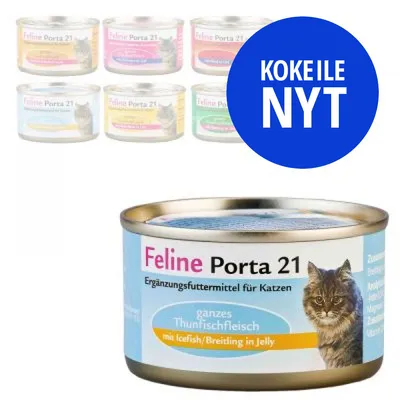 Feline Porta 21 -kissanruokapurkkeja eri makuina, etualalla tonnikala ja jääkalakala hyytelössä. Sininen ympyrä: KOKEILE NYT.