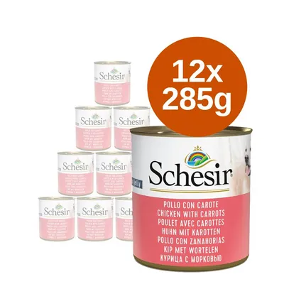 Schesir csirkés-sárgarépás konzerv, 12×285 g. Felirat: Pollo con carote, Chicken with carrots, Huhn mit Karotten, Kip met wortelen, Jelly.