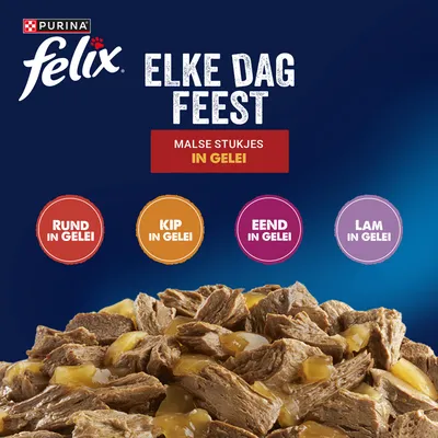 Purina Felix Elke Dag Feest. Malse stukjes in gelei: Rund in gelei, Kip in gelei, Eend in gelei, Lam in gelei. Purina Felix Elke Dag Feest. Malse stukjes in gelei: Rund in gelei, Kip in gelei, Eend in gelei, Lam in gelei.