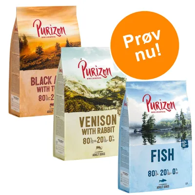 Tre poser Purizon hundefoder: Black Angus with Turkey, Venison with Rabbit og Fish. Tekst på orange cirkel: Prøv nu! Alle poser viser 80 % 20 % 0 % og Adult Dogs.