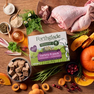 Forthglade variety 6 pack showing duck, venison, turkey and goose flavours. Complete grain free meal for adult dogs aged 1 year plus. Surrounded by visible natural ingredients.
