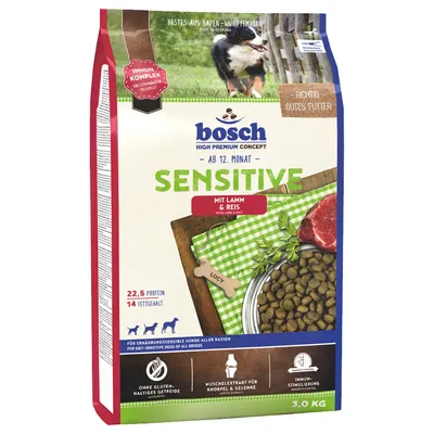 bosch Sensitive hondenvoer, ab 12. Monat, mit Lamm & Reis, 22,5% protein, 14% vetgehalt, ohne glutenhaltiges getreide, muschelextrakt für knorpel & gelenke, 3,0 kg verpakking zichtbaar.