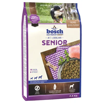 Bosch High Premium Concept Senior krmivo pro psy od 7. roku, 2,5 kg, bez pšenice, s extraktem z mušlí pro klouby, zpomalení stárnutí, 19 % bílkovin, 6 % tuku.