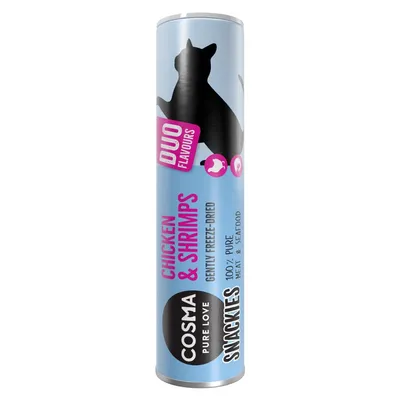 COSMA PURE LOVE SNACKIES DUO FLAVOURS, CHICKEN & SHRIMPS, GENTLY FREEZE-DRIED, 100% PURE MEAT & SEAFOOD. Blå tube med sort kattegrafik.