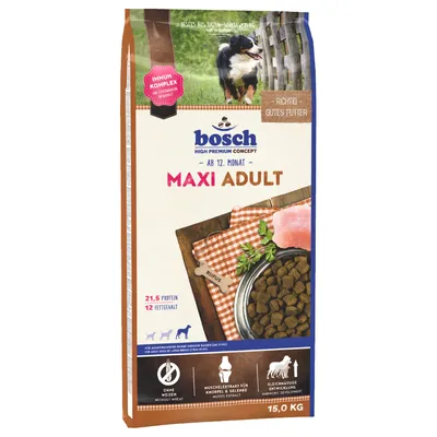 Bosch Maxi Adult vanaf 12 maanden, 15kg. Zonder tarwe, mossel-extract voor gewrichten, gelijkmatige ontwikkeling. 21,5% eiwit, 12% vet. Voor grote honden. Uit Baden-Württemberg.