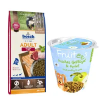 bosch Kombi-Paket: 15 kg HPC Trockenfutter + 3 x 200 g Fruitees (semi-moist) - Adult Lamm & Reis 15 kg + Fruitees Geflügel & Apfel 3 x 200 g