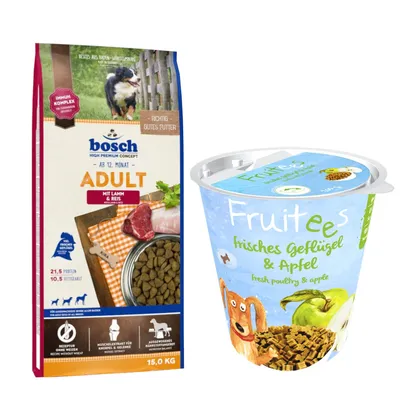 bosch Kombi-Paket: 15 kg HPC Trockenfutter + 3 x 200 g Fruitees (semi-moist) - Adult Lamm & Reis 15 kg + Fruitees Geflügel & Apfel 3 x 200 g