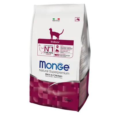 Monge Natural Superpremium Indoor, gazdag csirke, 1,5 kg. Made in Italy. Fő összetevő: csirke. Kevésbé aktív macskáknak. XOS-szal és L-karnitinnel. Újrahasznosítható csomagolás.
