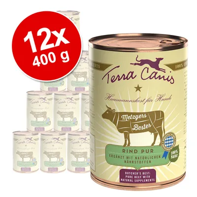 12x400 g Terra Canis Rind Pur, alimento umido per cani. Testo visibile: Hausmannskost für Hunde, Metzgers Bestes, 100% Natur, Butcher’s Best: Pure Beef with Natural Supplements.