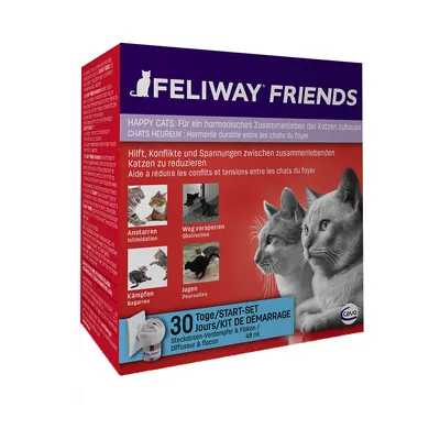 Feliway Friends Start-Set, βοηθά στη μείωση συγκρούσεων και εντάσεων μεταξύ γατών. Περιεχόμενο: συσκευή ατμοποίησης πρίζας και φιαλίδιο, 48 ml, για 30 ημέρες.