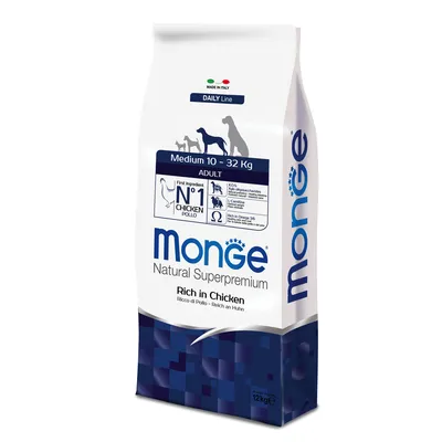 Monge Natural Superpremium Adult Daily Line, közepes 10-32 kg, csirke ízben gazdag. Made in Italy. Fő összetevő: Nr. 1 csirke. Tartalmaz K2S-t, L-karnitint, Omega-3/6-ot. Kiszerelés: 12 kg.
