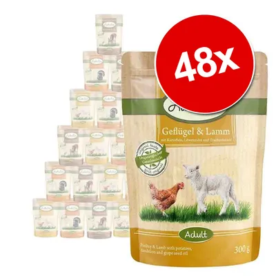 Упаковка корма для собак с изображением курицы и ягнёнка, надписью 'Geflügel & Lamm', объём 300 г, крупная красная метка '48x' на переднем плане. Упаковка корма для собак с изображением курицы и ягнёнка, надписью 'Geflügel & Lamm', объём 300 г, крупная красная метка '48x' на переднем плане.