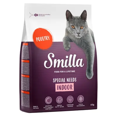 Smilla SPECIAL NEEDS INDOOR kattefoder, POULTRY, 4 kg. Synlig tekst: adapted fat & energy content, omega fatty acids, contains taurine, yucca schidigera, made in Germany.