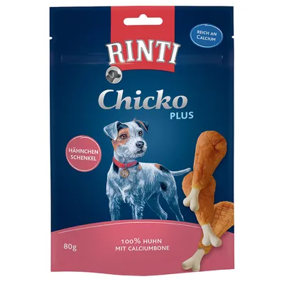 Obal Rinti Chicko Plus, Hähnchen Schenkel, 80 g, 100% Huhn mit Calciumbone, vyobrazené kuřecí kosti a pes, text: Reich an Calcium.