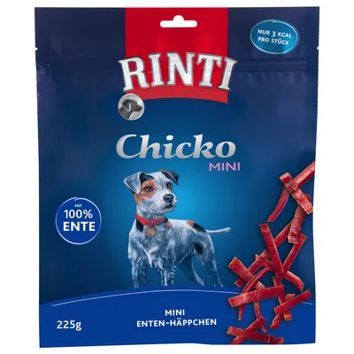 RINTI Chicko MINI, mit 100% Ente, nur 3 kcal pro Stück, MINI ENTEN-HÄPPCHEN, 225g. Ilustrace psa a kousky pamlsků na obalu. RINTI Chicko MINI, mit 100% Ente, nur 3 kcal pro Stück, MINI ENTEN-HÄPPCHEN, 225g. Ilustrace psa a kousky pamlsků na obalu.