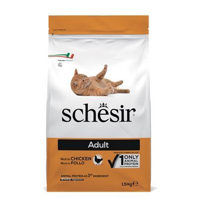 Schesir Adult kattenvoer, 1,5 kg. Tekst: Rich in Chicken, Only 1 Animal Protein, Animal protein as 1st ingredient. Afbeelding van een oranje kat op de verpakking.