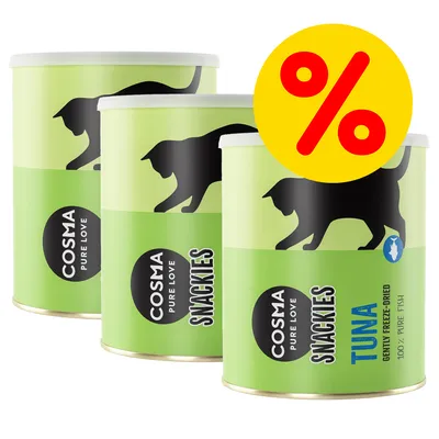 Three Cosma Pure Love Snackies Tuna tubs with a yellow percentage discount symbol, showing gently freeze-dried 100% pure fish treats. Three Cosma Pure Love Snackies Tuna tubs with a yellow percentage discount symbol, showing gently freeze-dried 100% pure fish treats.