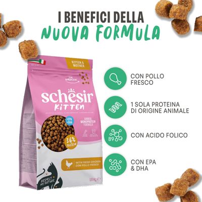 Schesir Kitten Crocchette, nuova formula: con pollo fresco, solo una fonte di proteine animali, con acido folico, con EPA & DHA. 36% di proteine. Sacchetto da 1,5 kg illustrato.