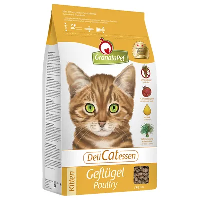 GranataPet DeliCatessen Geflügel Poultry para gatitos, 2 kg. Sin cereales, semillas de granada, aceite de salmón, hierba gatera y cáscara de huevo visibles en el envase. GranataPet DeliCatessen Geflügel Poultry para gatitos, 2 kg. Sin cereales, semillas de granada, aceite de salmón, hierba gatera y cáscara de huevo visibles en el envase.