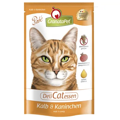 GranataPet DeliCatessen Paté Kalb & Kaninchen. Sin cereales, semillas de granada, aceite de salmón. Imagen de un gato en el envase.