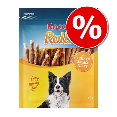 Rocco Rolls, friandises pour chien avec filet de poitrine de poulet, sachet 200 g, texte visible : Crispy chewing fun!, offre spéciale signalée par un symbole pourcentage Rocco Rolls, friandises pour chien avec filet de poitrine de poulet, sachet 200 g, texte visible : Crispy chewing fun!, offre spéciale signalée par un symbole pourcentage