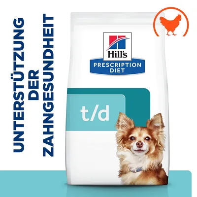 Hill's Prescription Diet t/d. Unterstützung der Zahngesundheit. Symbol für Huhn sichtbar.