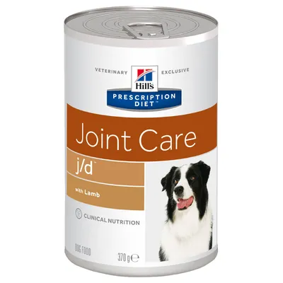 Konzerva Hill's Prescription Diet Joint Care j/d with Lamb, Clinical Nutrition, DOG FOOD, 370 g. Na etiketě je obrázek psa. Konzerva Hill's Prescription Diet Joint Care j/d with Lamb, Clinical Nutrition, DOG FOOD, 370 g. Na etiketě je obrázek psa.