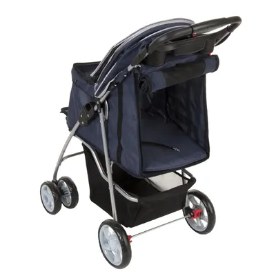 Blue pet stroller with four wheels, padded interior and storage underneath. Suitable for transporting small animals. Blue pet stroller with four wheels, padded interior and storage underneath. Suitable for transporting small animals.