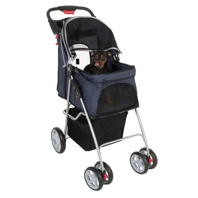 Blauer Haustier-Buggy mit vier Rädern und Netzabdeckung, kleiner Hund sitzt im Buggy.
