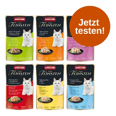 animonda Vom Feinsten Portionsbeutel: Weißer Thunfisch, Hühnerfilet & Entenbrust, Hühnerfilet & Rindfleisch, Hühnerfilet & Käse, Jetzt testen! im orangen Kreis.