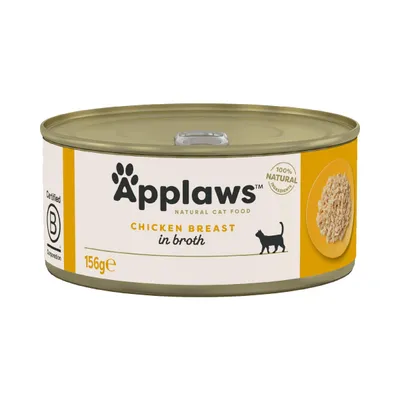 Applaws Natural Cat Food, Chicken Breast in Broth, 156 g. Testi visibili: 100% natural ingredients, Certified B Corporation. Immagine di petto di pollo sminuzzato su piatto. Applaws Natural Cat Food, Chicken Breast in Broth, 156 g. Testi visibili: 100% natural ingredients, Certified B Corporation. Immagine di petto di pollo sminuzzato su piatto.