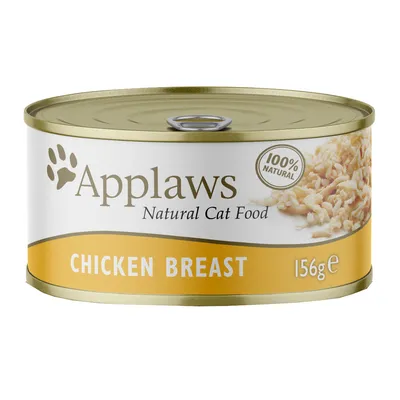 Applaws Natural Cat Food, 100% Natural, CHICKEN BREAST, 156g. Dåse med synlige kyllingestykker på etiketten.