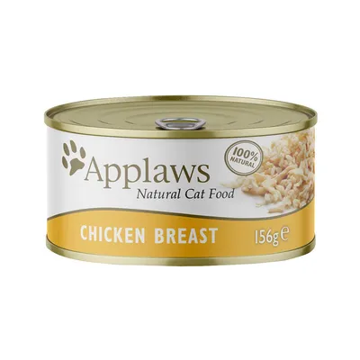 Applaws Natural Cat Food, 100% Natural, Chicken Breast, 156 g -kissanruokasäilyke. Etiketissä näkyy kananrintaa ja tuotetiedot englanniksi.