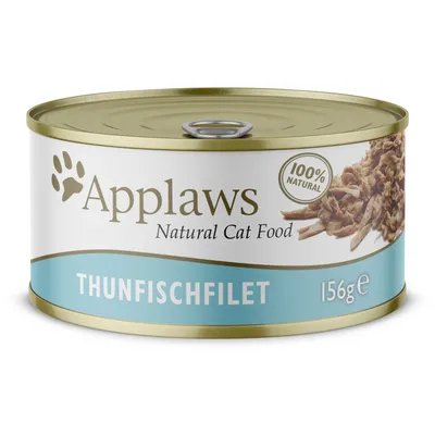Applaws Natural Cat Food, Thunfischfilet, 156 g, 100% natural -kissanruokasäilyke. Etiketissä kuva tonnikalafileestä.