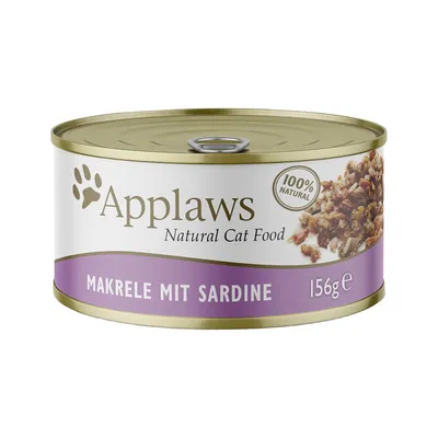 Консерва Applaws Natural Cat Food, 100% Natural, Makrele mit Sardine, 156 г. Видна смесь рыбы внутри банки.