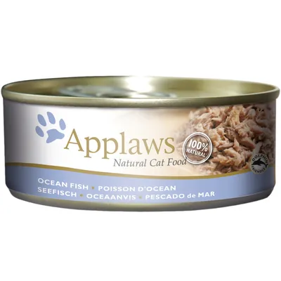 Applaws Natural Cat Food, 100% natural, Ocean Fish. Testi visibili: poisson d'ocean, seefisch, oceaanvis, pescado de mar. Simbolo Dolphin Friendly.