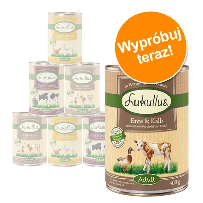 Lukullus Adult Ente & Kalb, 400 g. Na puszce widoczne kaczka i cielę. Pomarańczowe koło z napisem: Wypróbuj teraz! W tle inne warianty karmy Lukullus.