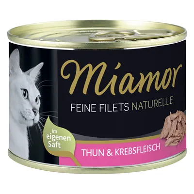 Boîte Miamor Feine Filets Naturelle, thon et chair de crabe, texte en allemand : im eigenen Saft, image d’un chat blanc et filets visibles sur l’étiquette.