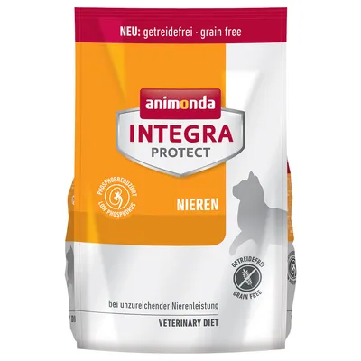 animonda INTEGRA PROTECT NIEREN kattenvoer, getreidefrei, laag fosfor, bij onvoldoende nierfunctie, VETERINARY DIET. Tekst deels in het Duits en Engels zichtbaar op verpakking.