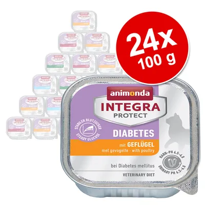 animonda INTEGRA PROTECT DIABETES med fjerkræ, 24 x 100 g. Tekst: Stabiler Blutzucker, Steady Glucose, bei Diabetes mellitus, VETERINARY DIET, URINARY PH 6,5–6,8.