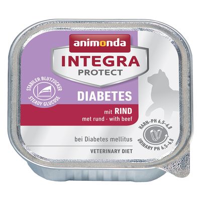 Barquette Animonda Integra Protect Diabetes mit Rind, pour chats, mention : stabiler Blutzucker/steady glucose, urinary pH 6,5–6,8, veterinary diet, bei Diabetes mellitus.