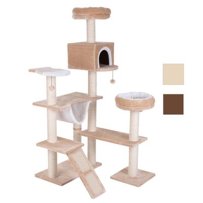 Krabpaal met meerdere plateaus, een huisje, hangmat, ligmand en sisal krabvlakken. Verkrijgbaar in beige en bruin, zichtbaar op kleurstalen rechts.