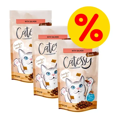 Tre påsar Catessy Snack Yummmmeow! with salmon, 65 g, med tecknad katt och texten 'Crunchy'n smooth!' samt stor gul procentsymbol för rabatt.