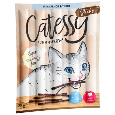 Catessy Sticks s lososem a pstruhem, 5 tyčinek, 25g. Bez přidaného cukru, s taurinem.