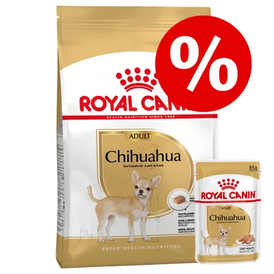 Royal Canin Adult Chihuahua hondenvoer, grote zak en natvoerzakje 85 g, beide met afbeelding van een chihuahua en rode procentteken voor korting zichtbaar op de verpakking.
